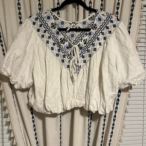 Free People Embroidered White and Blue Women's Top